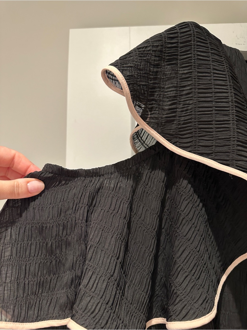 Club Monaco Black Textured Ruffle Sleeve Blouse with Cream Trim - Picture 2 of 5